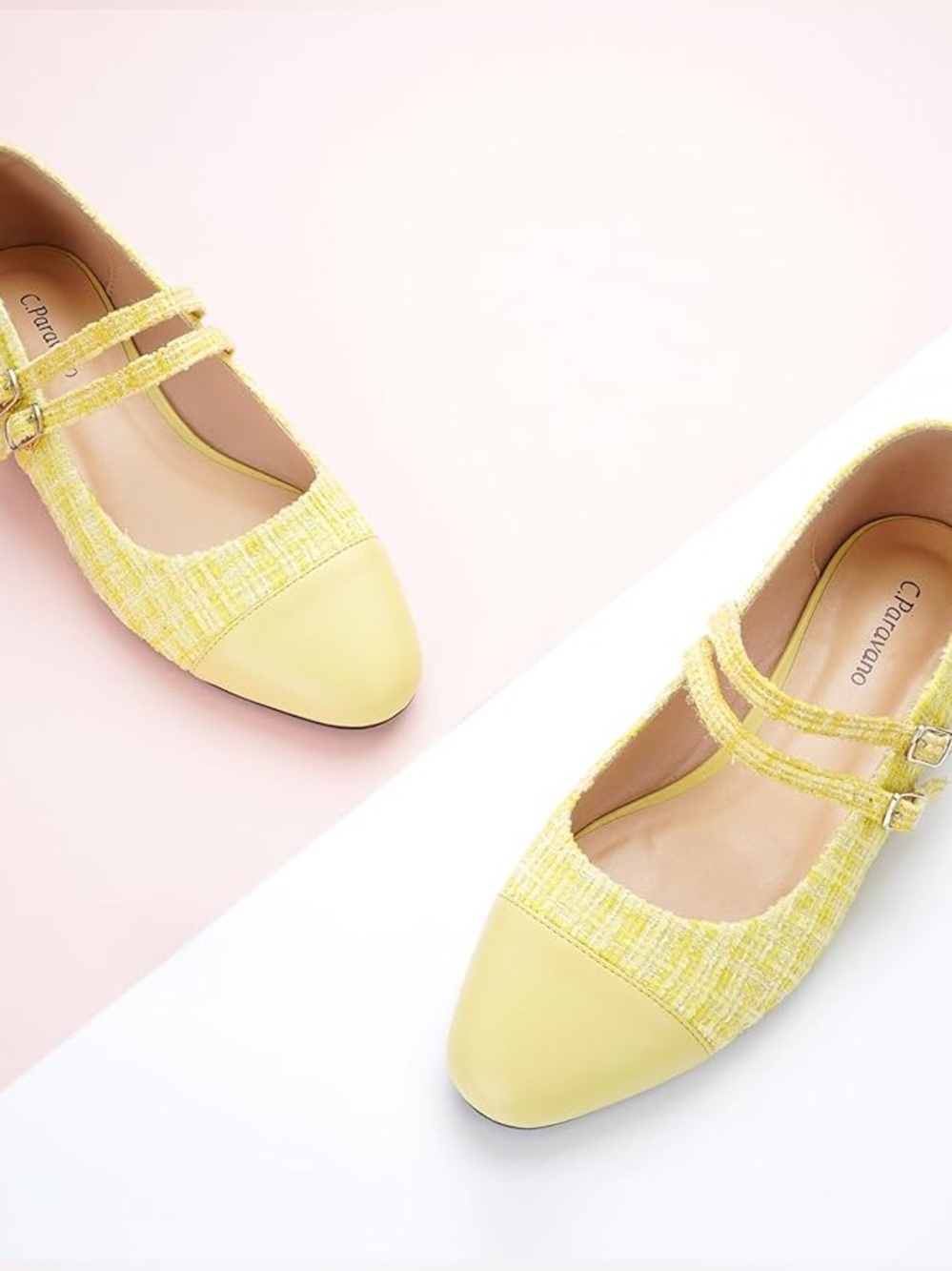 C. Paravano Yellow Boucle 2 Strap Mary Jane Flats
